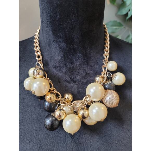 Women's Gold Pearl Black Beaded Necklace Lobster Clasp Chunky Statement - Picture 1 of 6